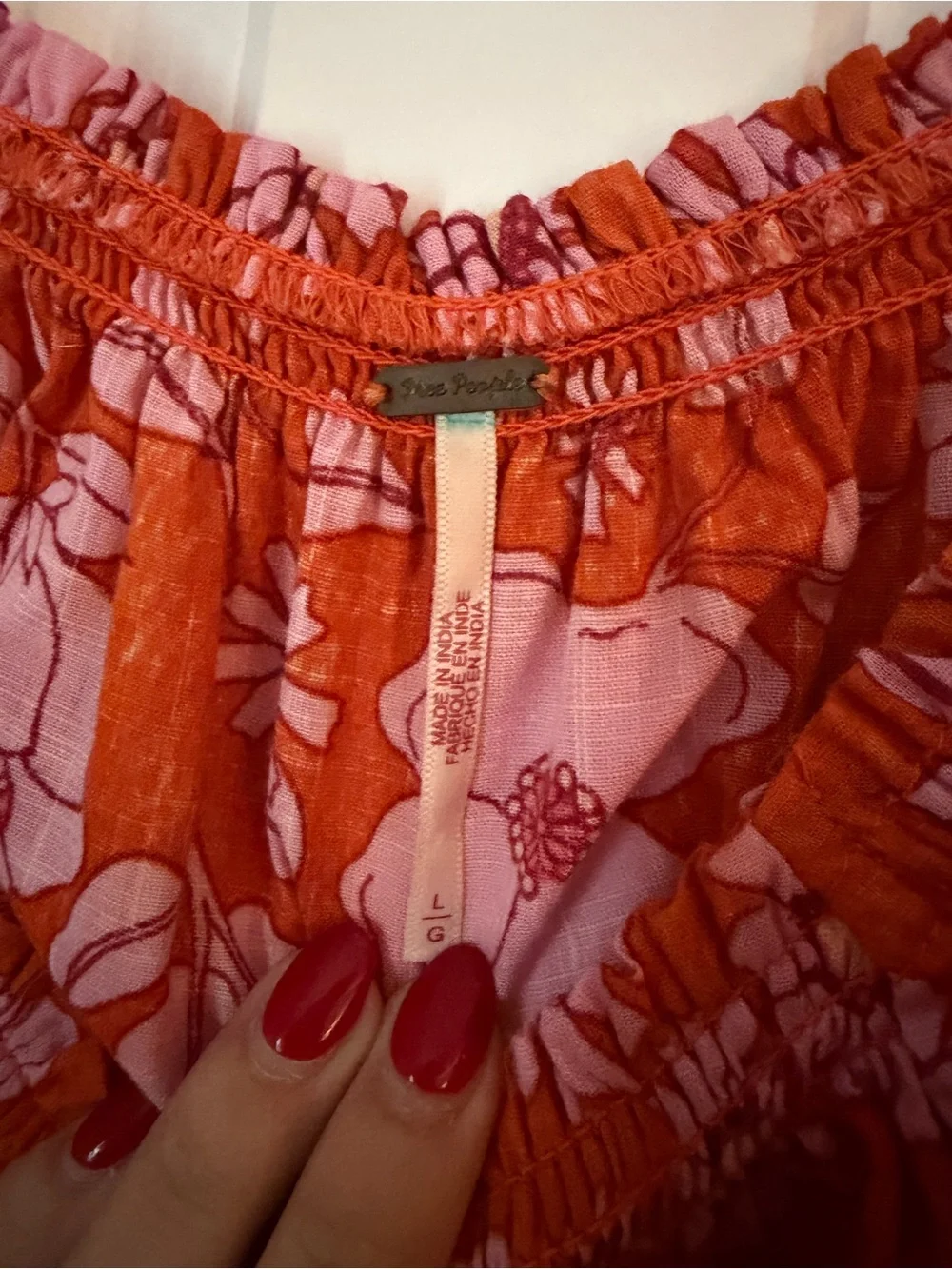 Free People Miss Daisy Pink and Orange Heat Wave Floral Smocked Peasant Blouse